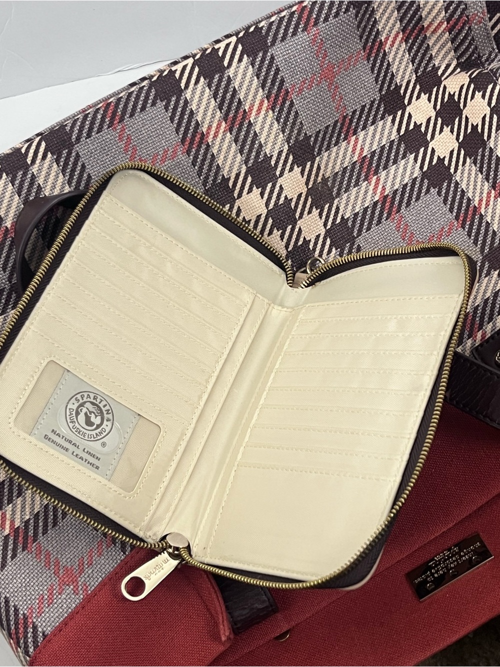 SPARTINA 449 Plaid Natural Linen Genuine Leather Interior Exterior Bag W/ Wallet - Picture 12 of 13